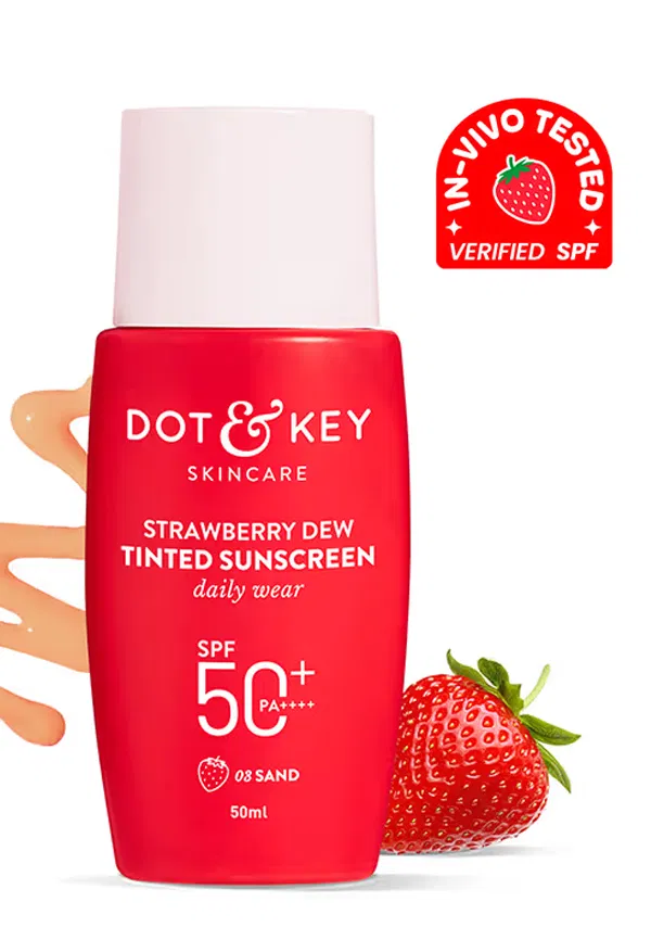 Strawberry Dew Tinted Sunscreen, In-Vivo Tested SPF 50+ PA++++ | Size: 50 ml | Shades: 03 Sand By Dot & Key